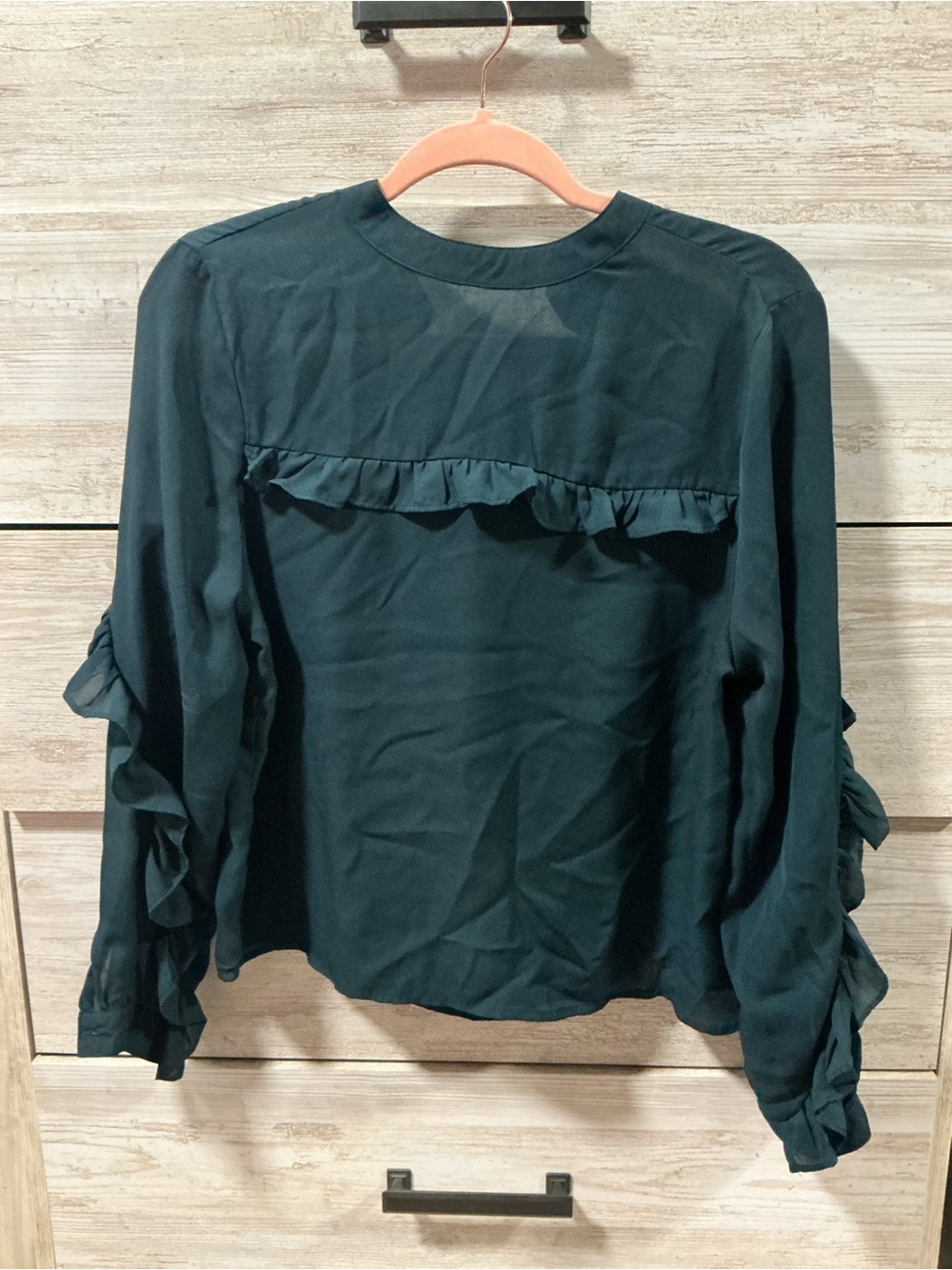 Ruffle-Trim Long-Sleeve Blouse in Deep Teal